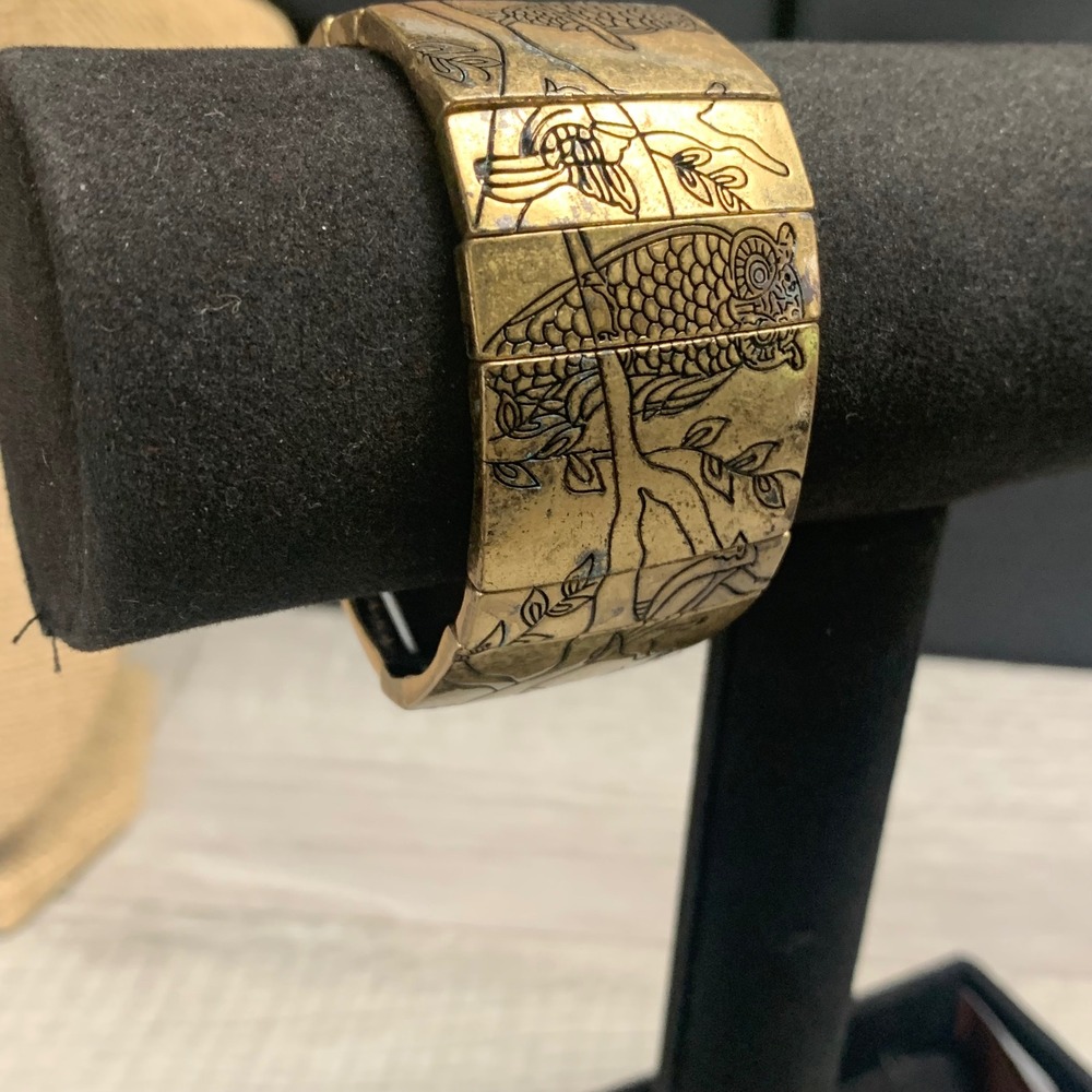 Vintage Gold Tone Etched Owl Bird Nature Stretch Panel Cuff Bracelet